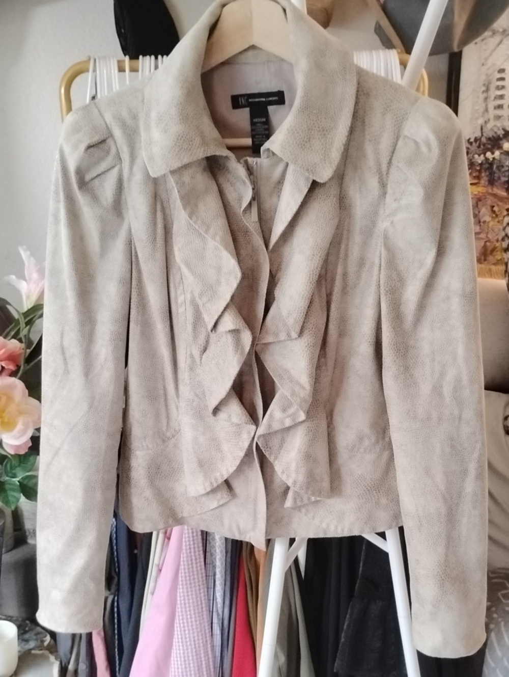 INC International Concepts Taupe Snake Print Ruffle-Front Zip Jacket Python